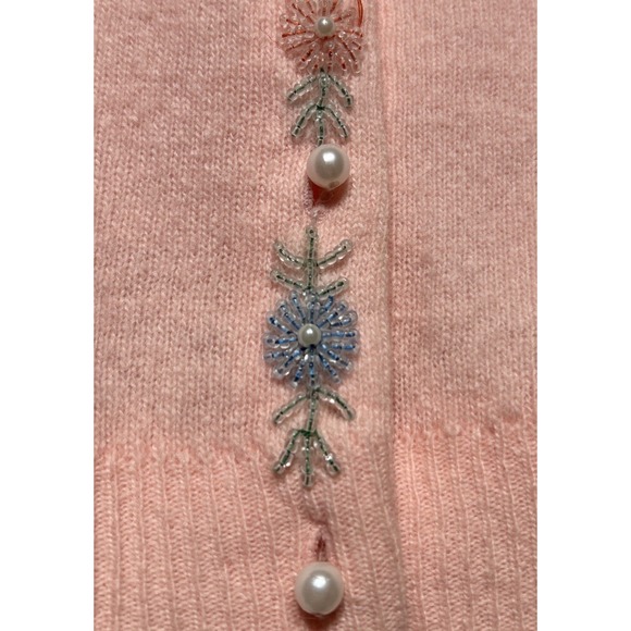 VTG 50's Floral Beaded Cardigan Sweater Pink Faux Pearl UK Sz 40 (10-12 US) EUC - Picture 8 of 12